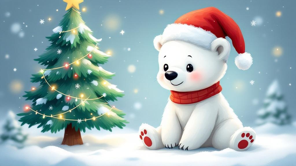 a cute polar bear cub wearing a red Santa h... | AI-Generated Image ...
